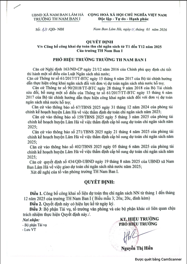 QUYẾT ĐỈNH V/v Công bố công khai dự toán thu chi ngân sách